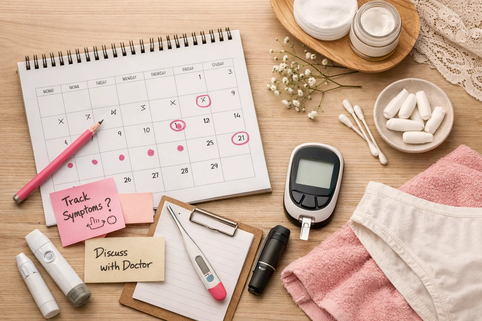Composição gráfica de calendário e anotações discretas sobre recorrência de sintomas.