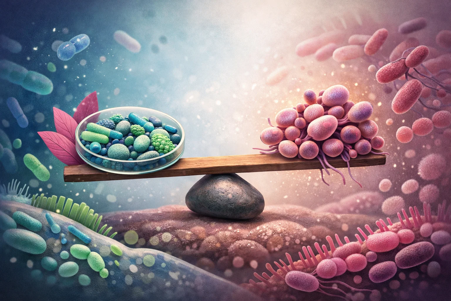 Ilustração científica editorial abstrata de equilíbrio da microbiota.