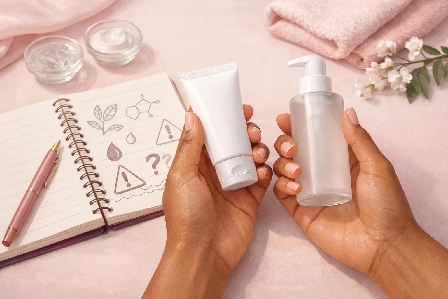 Mãos comparando cosméticos e anotando ingredientes e cuidados antes do uso na região íntima.