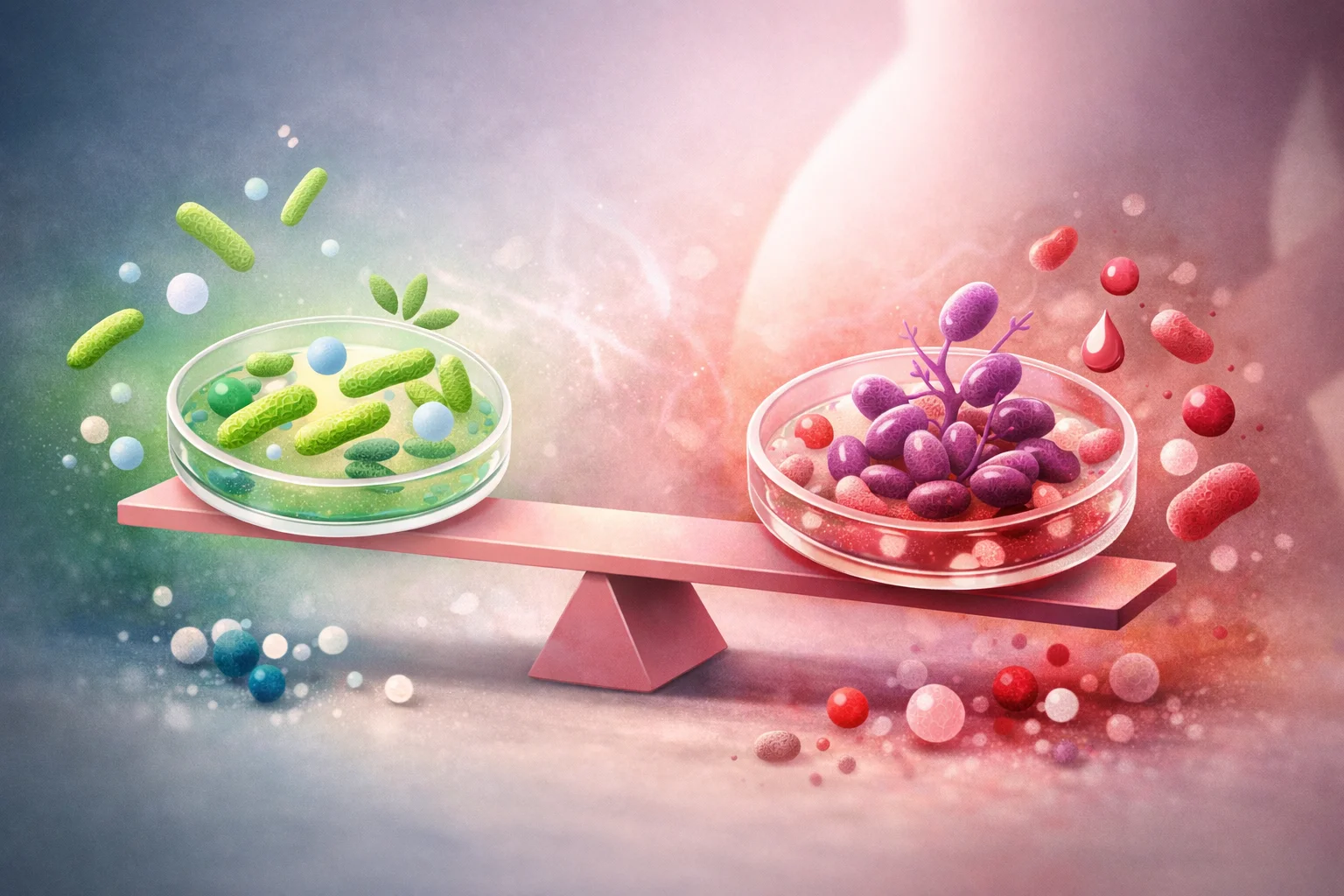 Ilustração científica editorial abstrata de equilíbrio da microbiota.