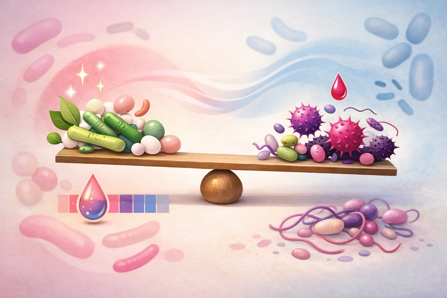 Ilustração científica editorial abstrata de equilíbrio da microbiota.