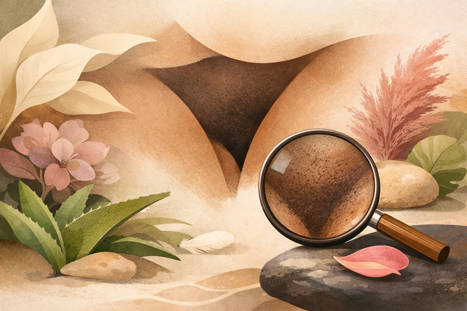 Arte editorial abstrata com formas orgânicas inspiradas em natureza e anatomia não explícita.