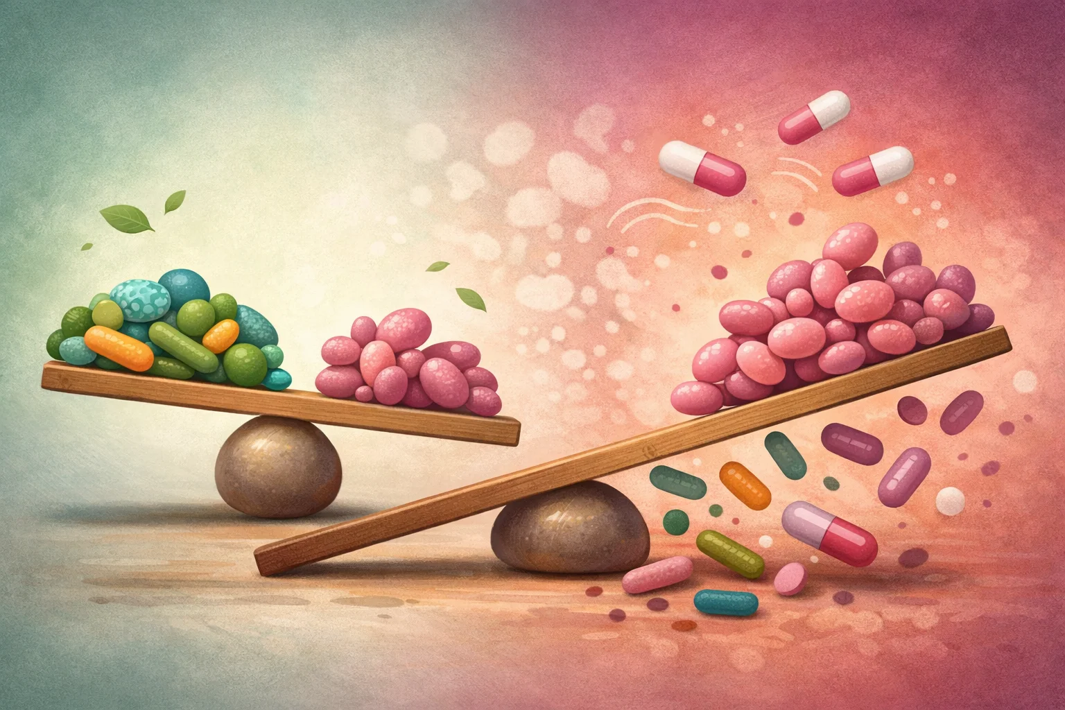 Ilustração científica editorial abstrata de equilíbrio da microbiota.