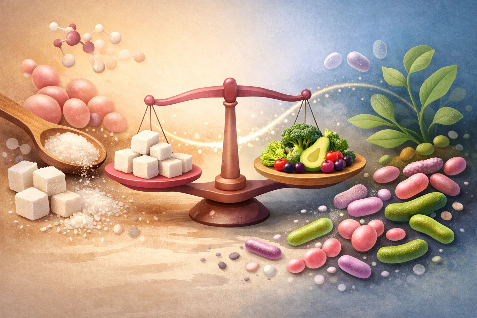 Ilustração científica editorial abstrata de equilíbrio da microbiota.