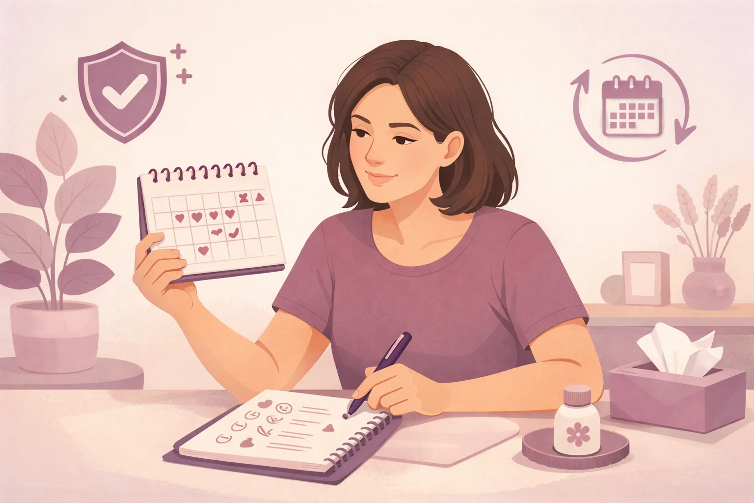 Mulher organizando datas e sintomas em um calendário para conversar sobre candidíase recorrente e imunidade.