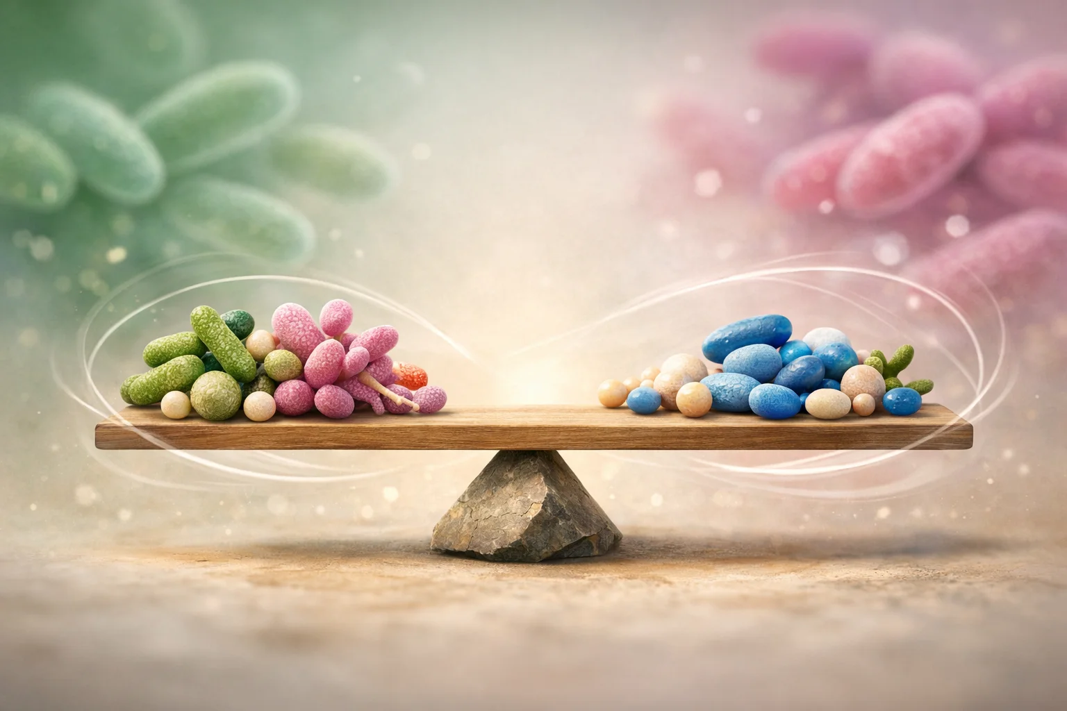 Ilustração científica editorial abstrata de equilíbrio da microbiota.