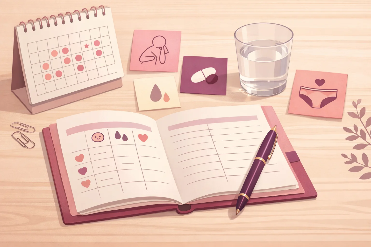 Diário com anotações de sintomas, ciclo menstrual e medicamentos usado para organizar a conversa na consulta.